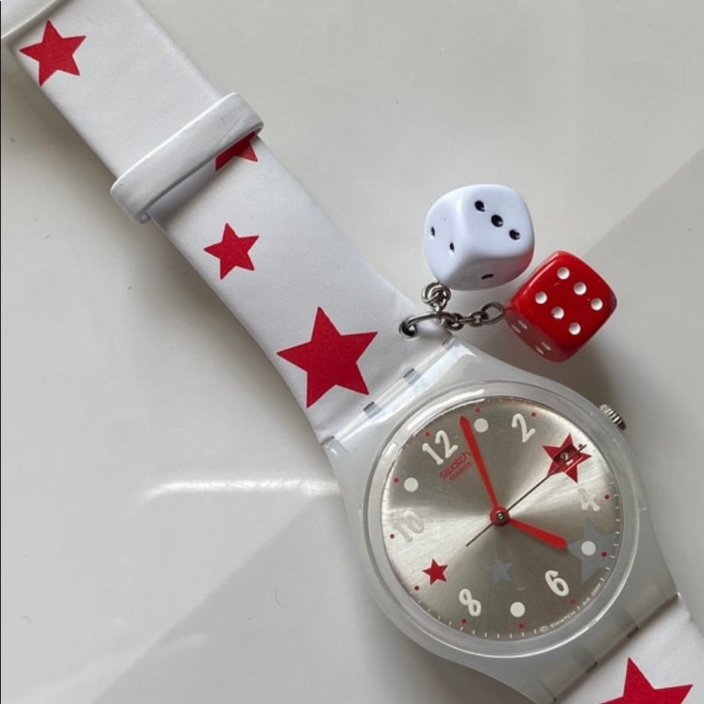 SWATCH WATCH Star Feelings Mini Dice Leather Band Red White Stars Stripes NEW